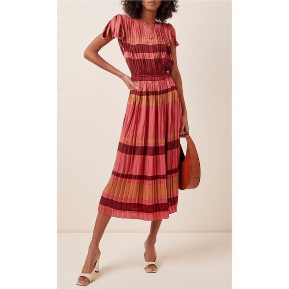 $878 Ulla Johnson - Alessa Dress in CeriseStriped Pleated Plissé Midi Sz 2 - Picture 6 of 16
